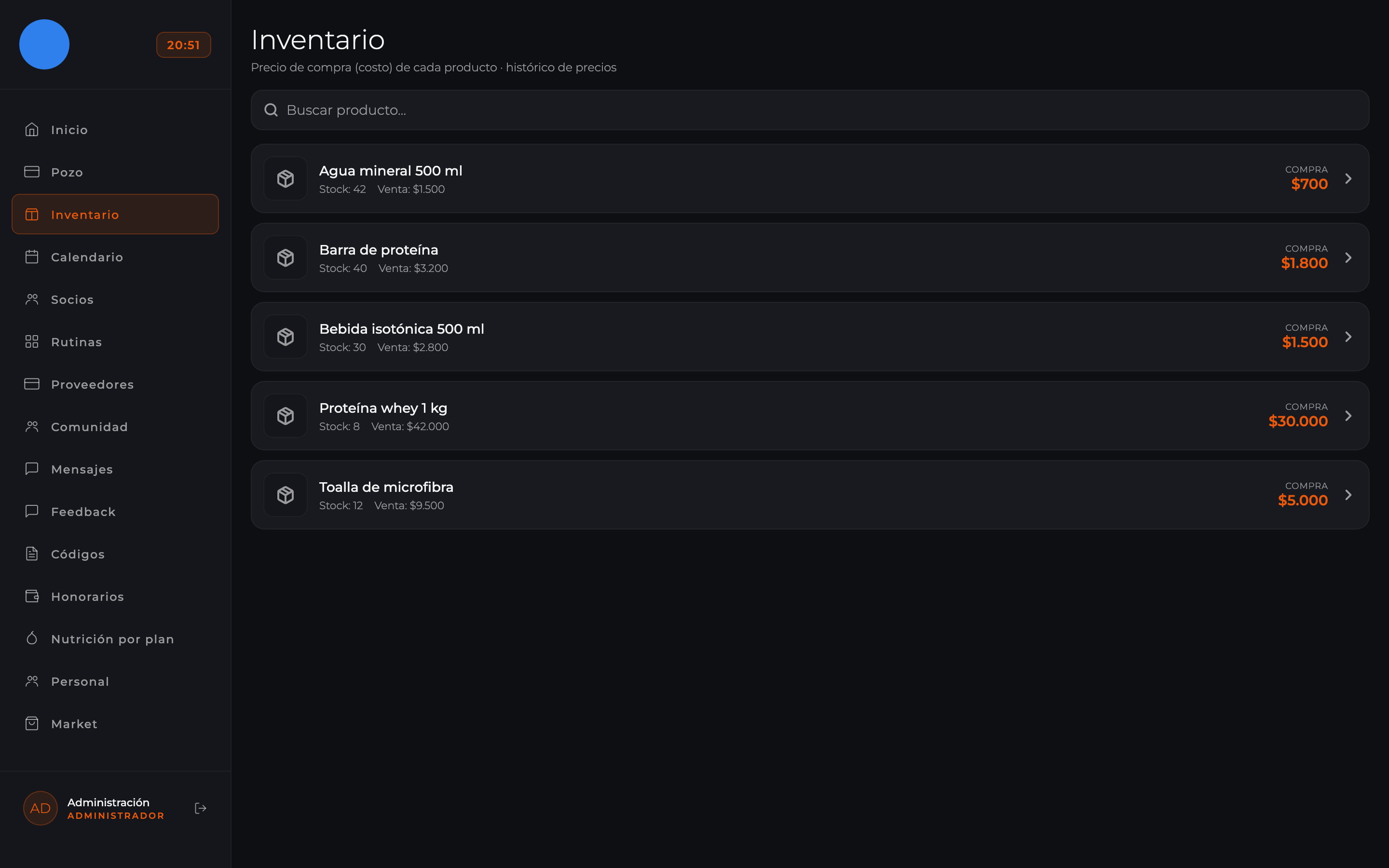 Inventario con stock y precios