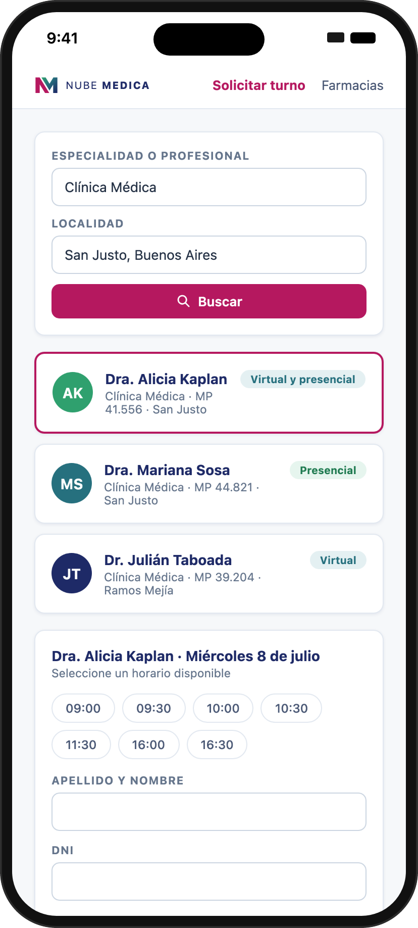 Nube Médica en el celular del paciente, buscando turno
